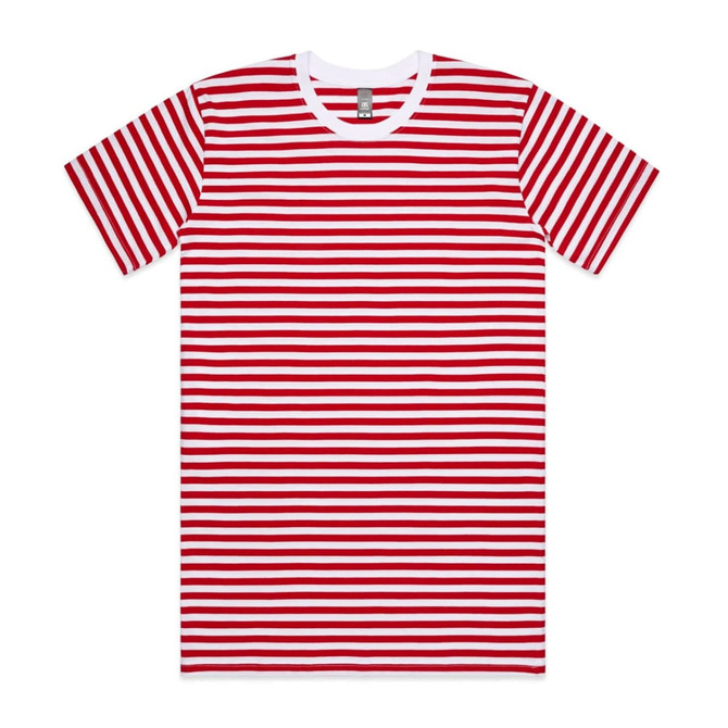 A red and white striped T-shirt with a crew neck and short sleeves, featuring a logo on the label.