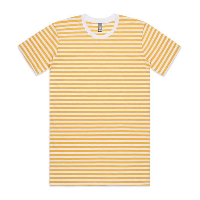 A striped T-shirt featuring alternating yellow and white stripes, with a round neckline and short sleeves.