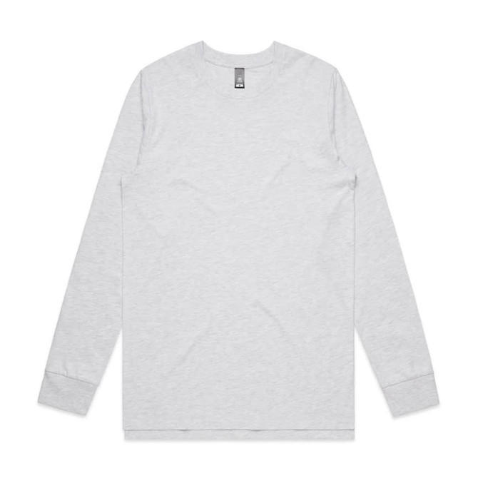 A long-sleeve grey t-shirt with a crew neckline and a logo on the label at the neck.