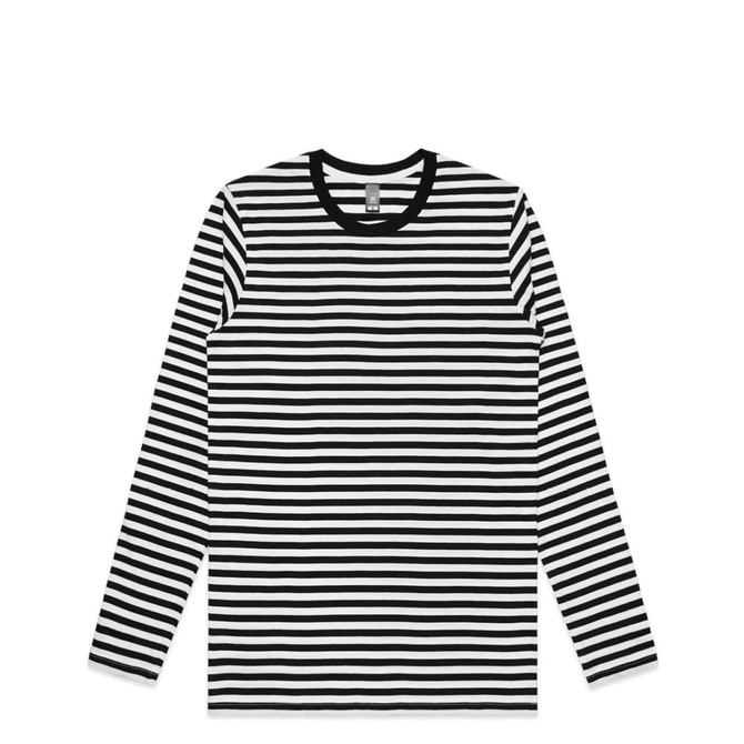 A long-sleeve tee featuring black and white horizontal stripes, with a contrasting black neckline and an attached logo.