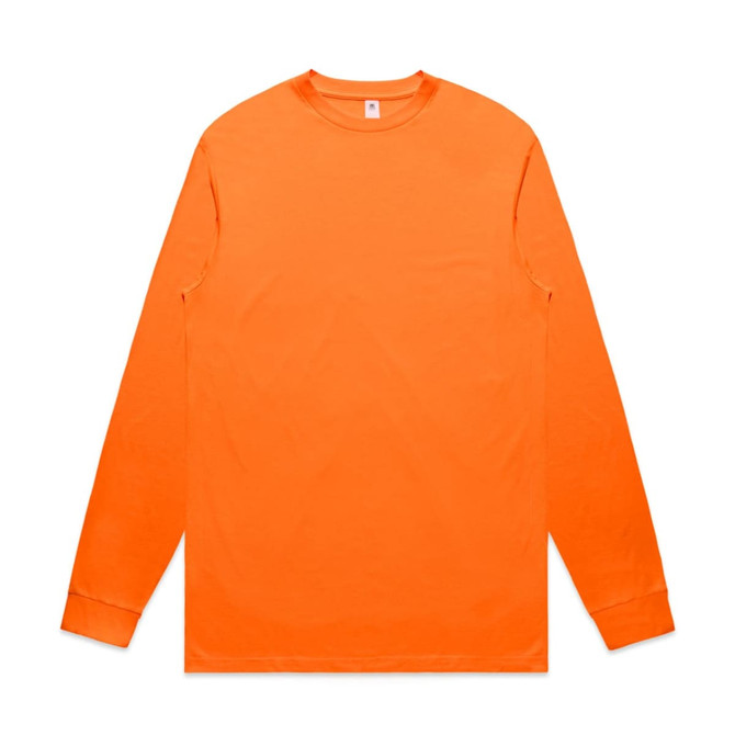 An orange long-sleeve tee shirt with a round neckline and a simple design. It features a logo on the front.