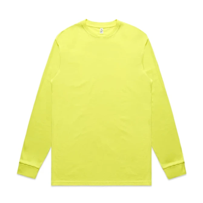 A long-sleeve t-shirt in bright yellow, featuring a simple design and cuffs at the sleeves. Includes a logo.