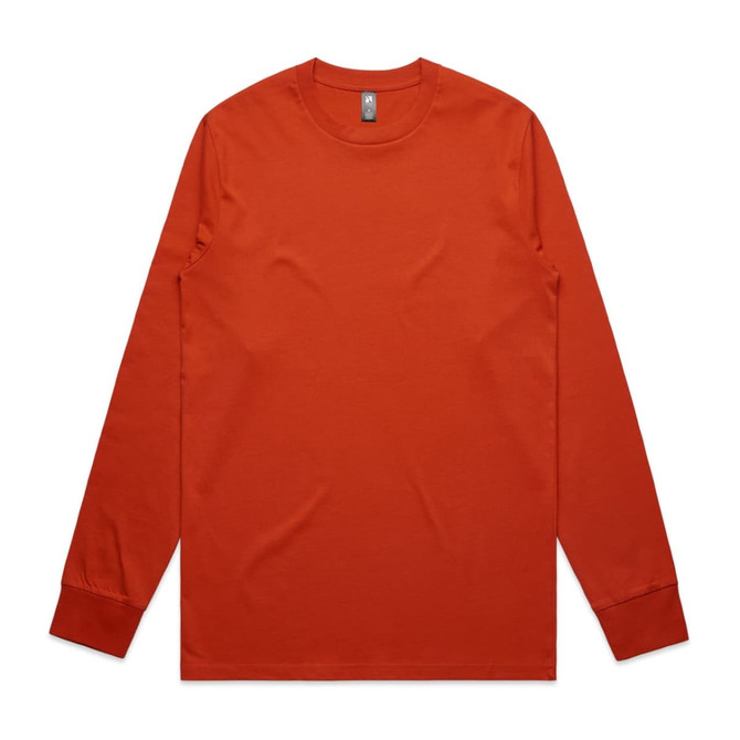 An orange long-sleeve T-shirt with a round neckline and cuffed sleeves, featuring a logo on the tag.