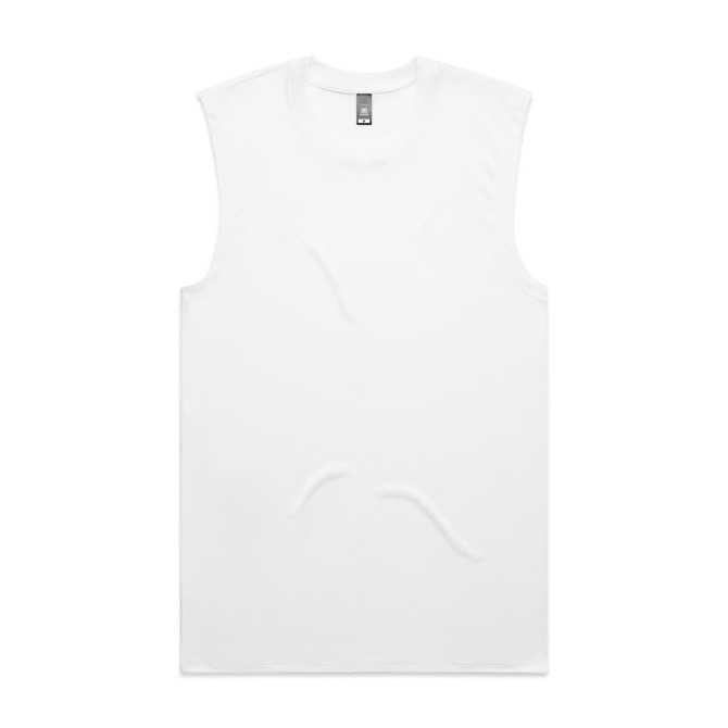 A white active tank top with a sleeveless design. It features a logo on the label.