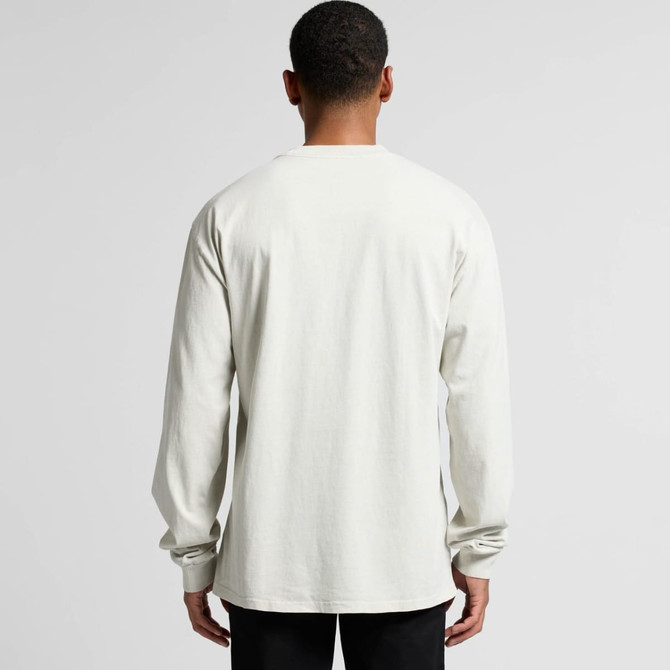 A long-sleeve tee in a faded light colour, featuring a plain back and a subtle logo.