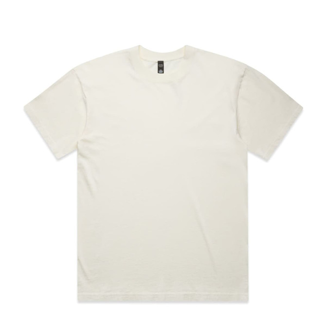 A plain off-white t-shirt with a crew neck and short sleeves, featuring a brand logo on the label.