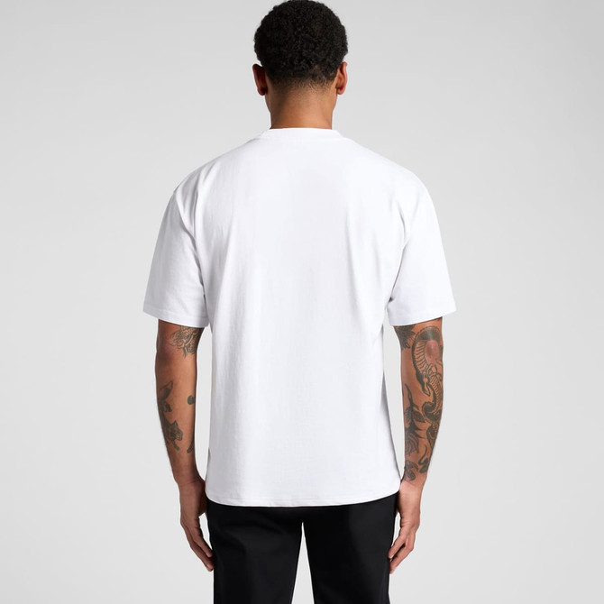 A white t-shirt with short sleeves and a relaxed fit, featuring a logo on the back.