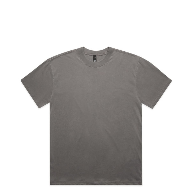 A grey t-shirt with a round neckline and short sleeves, featuring a logo on the label.