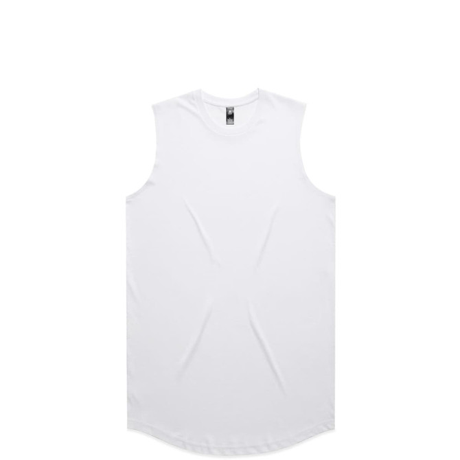 A plain white sleeveless tank top with a rounded hem and a logo on the tag.