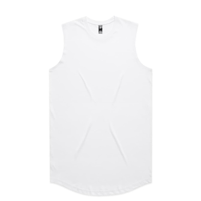 A white sleeveless tank top with a curved hem, featuring a logo at the neck.