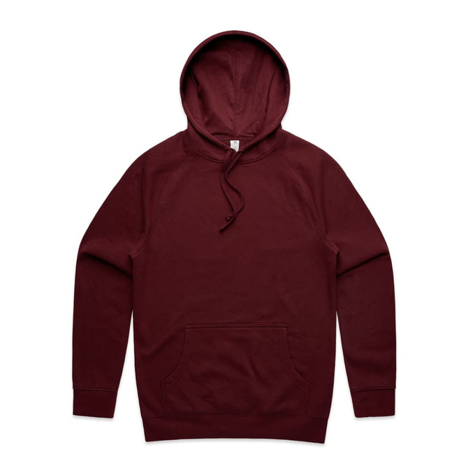 A maroon hoodie featuring a kangaroo pocket and a drawstring hood, with a logo on the design.
