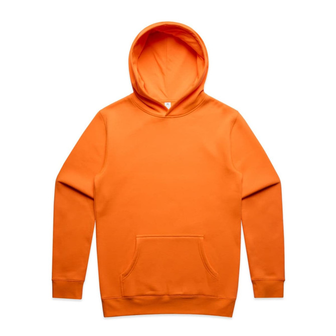 An orange hoodie with a front pocket and a hood, featuring a logo on the chest area.