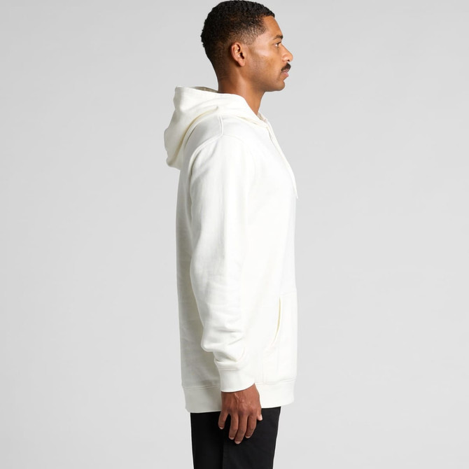 A side view of an organic cream-coloured hoodie featuring a front pocket and a logo.