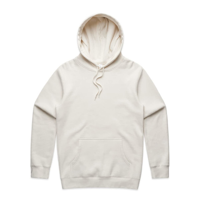 A cream-coloured hoodie with a front pocket and a drawstring hood. It features a logo on the front.