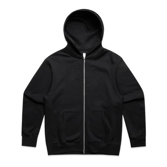 A black zip-up hoodie featuring a hood and front pockets, with a small logo on the chest.