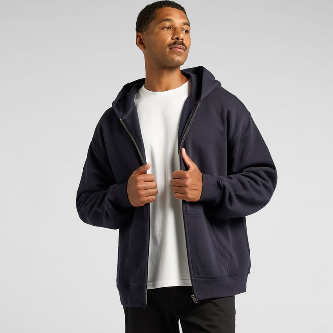 A navy zip-up hoodie featuring a front pocket and a contrasting white T-shirt underneath.
