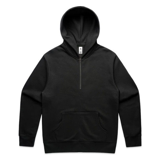 A black half-zip hoodie featuring a front pocket and a hood. It has a logo on the label.