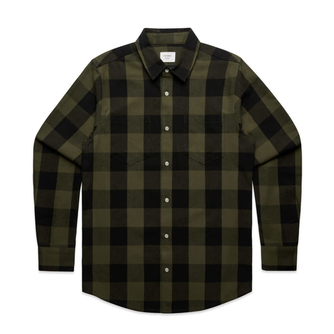 A button-up shirt in dark green and black plaid, featuring long sleeves and a folded collar. It has a logo.