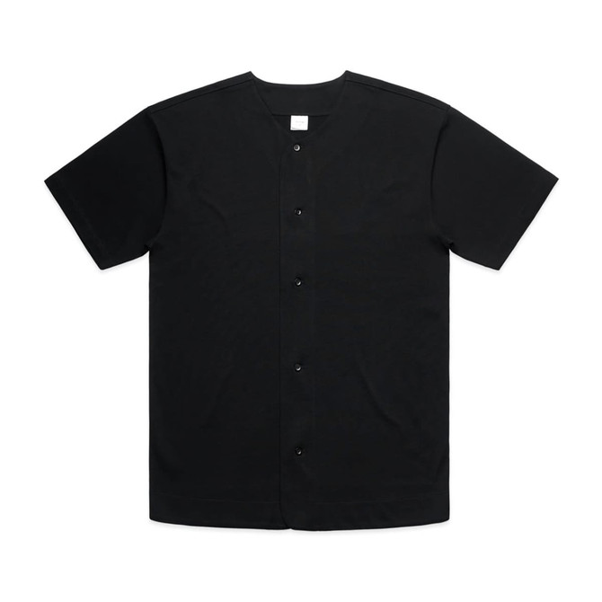 A black heavy baseball jersey featuring buttons and a classic design, suitable for sports uniforms.