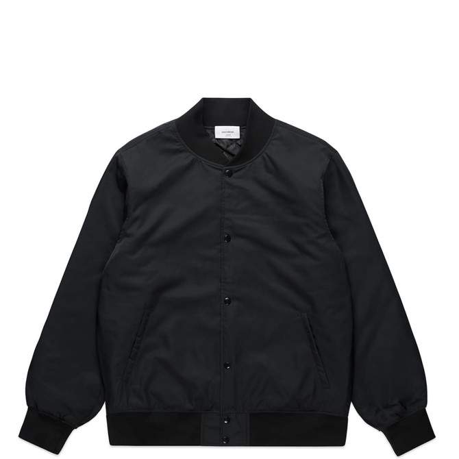 A black bomber jacket with a plain design, featuring a button front and ribbed cuffs and hem.