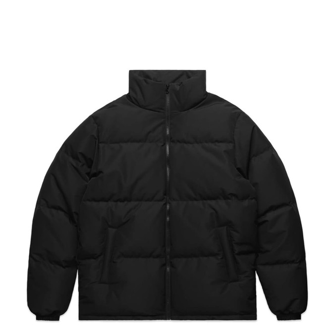 A black puffer jacket with a high collar and zip closure, featuring two side pockets.
