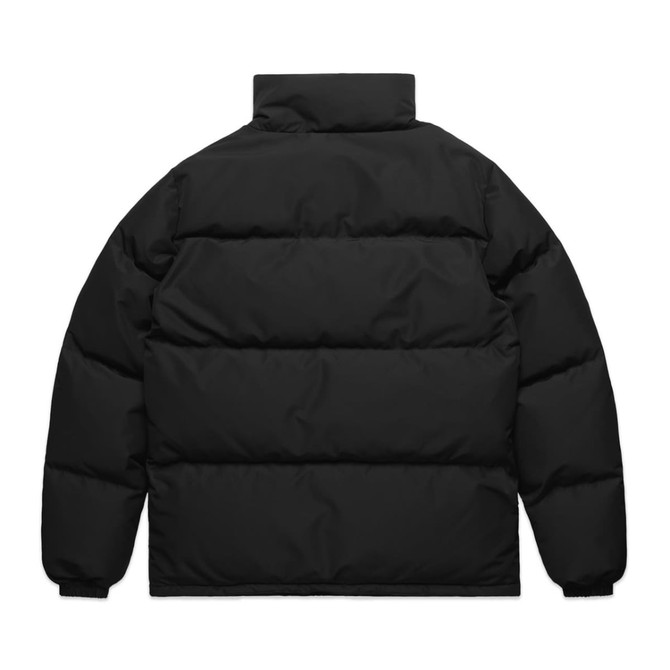 A black puffer jacket with a padded design and high collar, featuring a logo on the back.