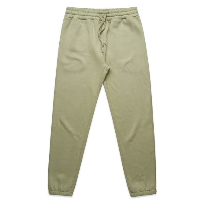 Light green track pants with an elastic waistband and cuffs, featuring a drawstring and a logo.