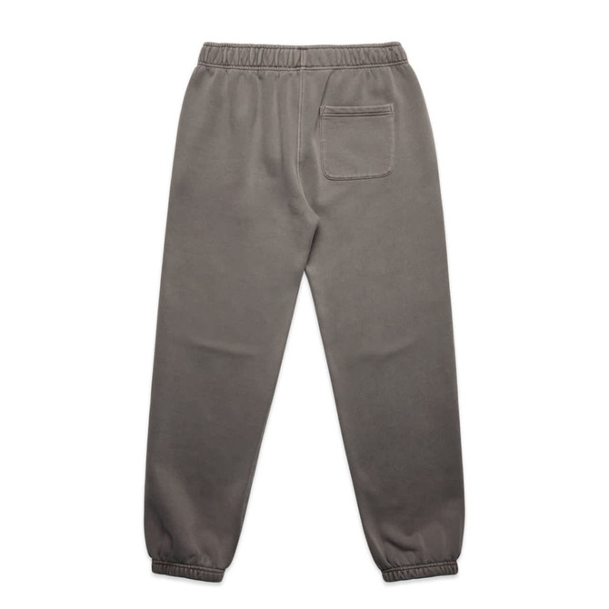 Faded green track pants with an elastic waistband and a back pocket, featuring a logo.