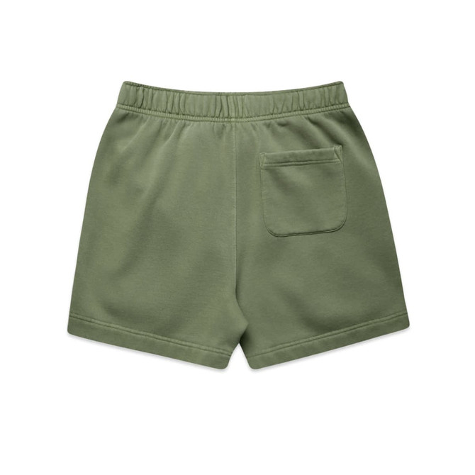 Faded green track shorts featuring an elastic waistband and a single back pocket. Includes branding on the garment.