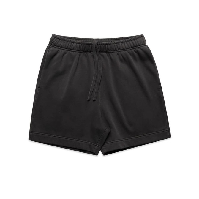 Black relaxed track shorts with an elastic waistband and drawstring, featuring a simple design and a logo.