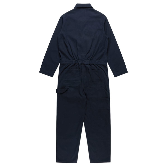 Navy blue canvas coveralls with long sleeves and a drawstring waist, featuring multiple pockets.