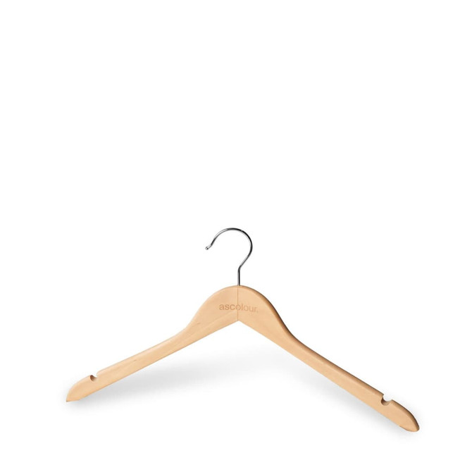 A wooden clothes hanger in a natural finish with a metal hook, featuring a logo. Suitable for various clothing items.