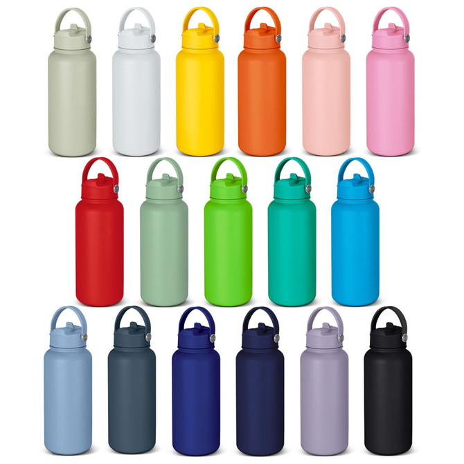 A drink bottle collection featuring various colours, including grey, white, yellow, orange, pink, green, and blue, with a logo.