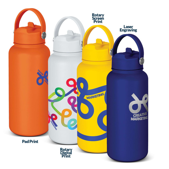 A drink bottle collection featuring orange, white, yellow, and blue bottles with various designs and a logo.