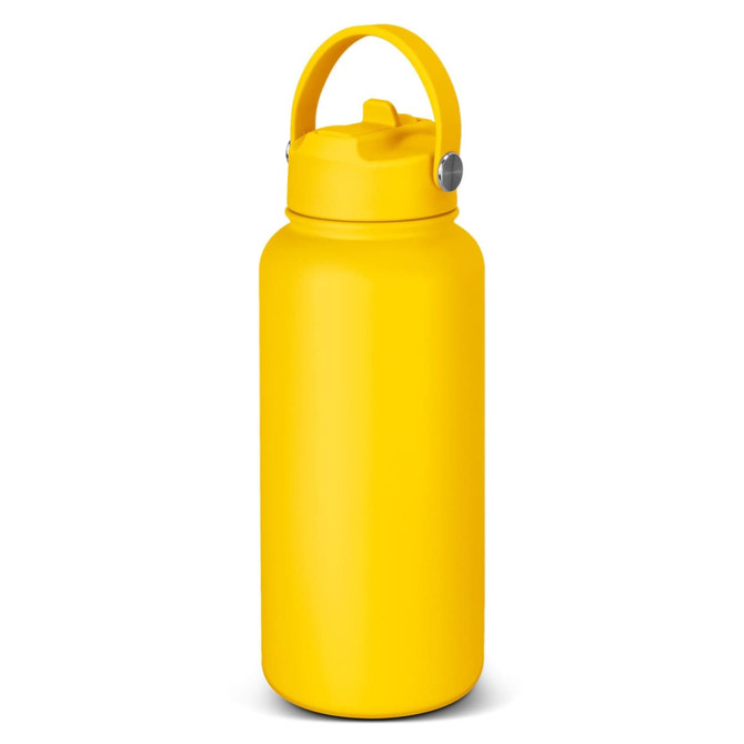 A drink bottle in bright yellow with a carrying handle and a screw-on lid, featuring a logo.