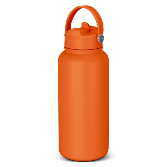 A drink bottle in bright orange featuring a handle and a secure lid. It has a logo on the body.