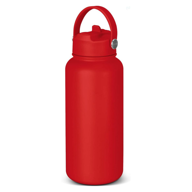A drink bottle in a bright red colour with a handle and a lid, featuring a logo.