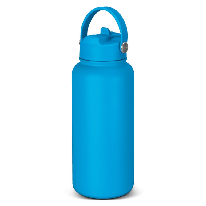 A drink bottle in a vibrant blue colour with a handle and a screw-on lid, featuring a branding logo.