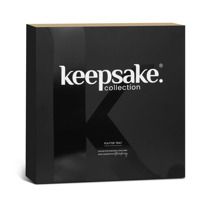 A black box featuring a branded logo, containing a platter tray for serving food.