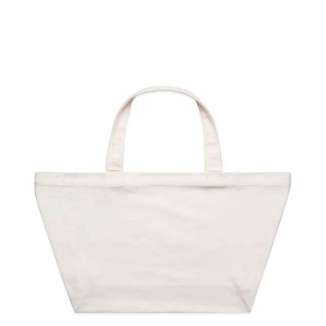 An oversized tote bag in off-white with two handles and a simple design. It features a logo on the exterior.