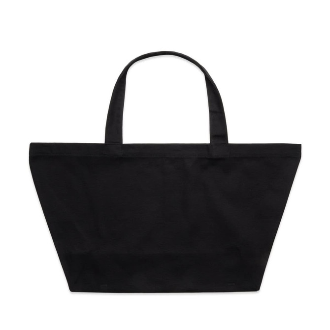 A black oversized tote bag with dual handles and a simple design. It features a logo on the front.