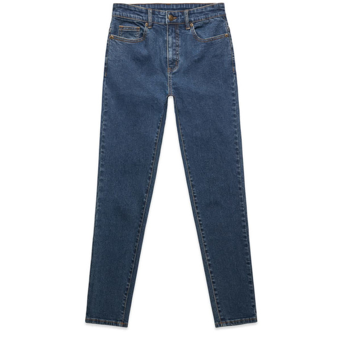 Skinny jeans in a dark blue wash with a fitted silhouette and contrasting stitching. Features pockets and a waistband.