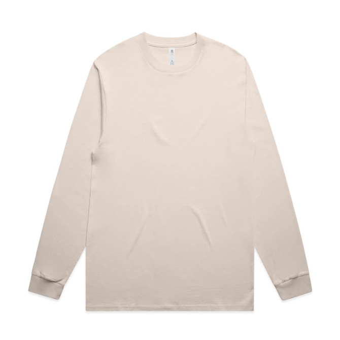 A beige long-sleeve t-shirt with a simple design and a logo, featuring a crew neck and fitted cuffs.