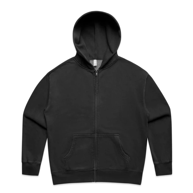 A black zip-up hoodie with a hood and long sleeves, featuring a logo on the front.
