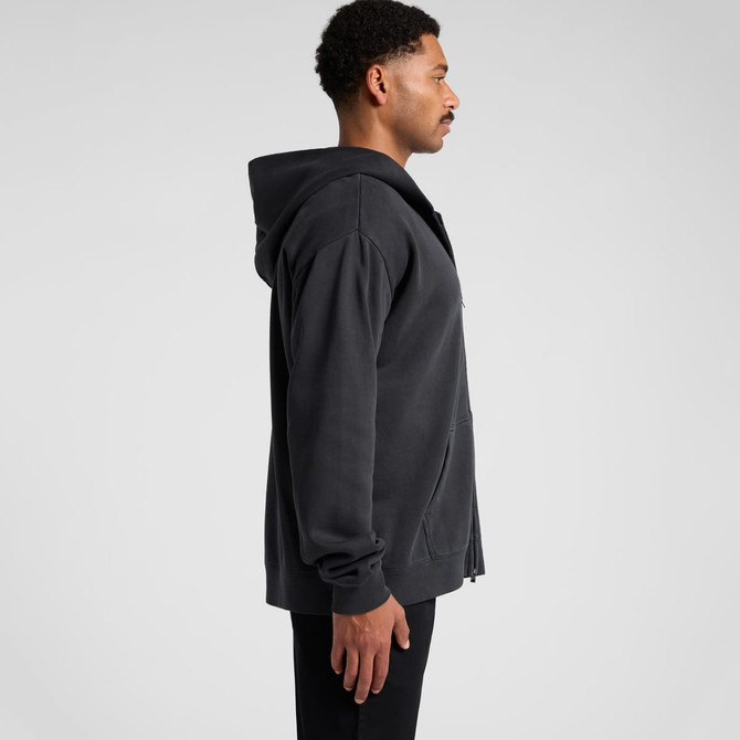 A grey zip hoodie with a relaxed fit, featuring a detailed hood and side pockets. It includes a branding logo.