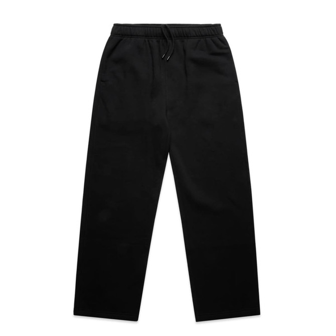 Black cuffless track pants with an elastic waistband and drawstring, featuring a logo.