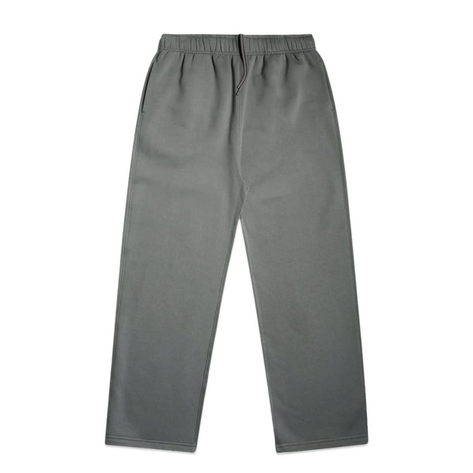 Cuffless track pants in grey with an elastic waistband and side pockets, featuring a branding logo.