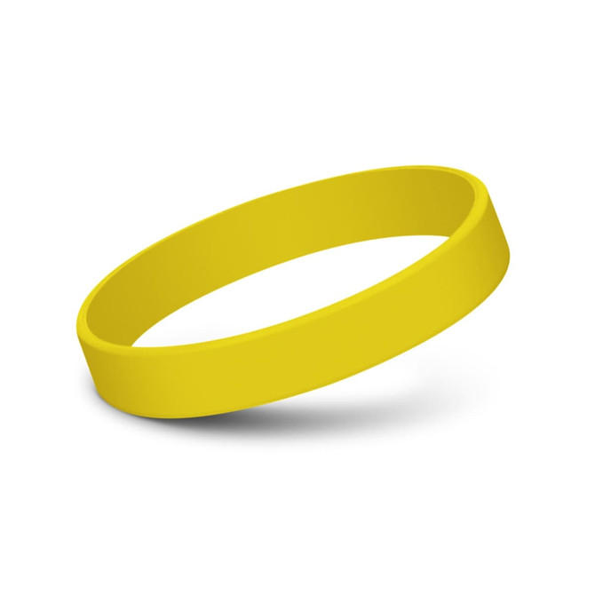 A yellow silicone wristband with a smooth, flexible design. It features a logo but no text.