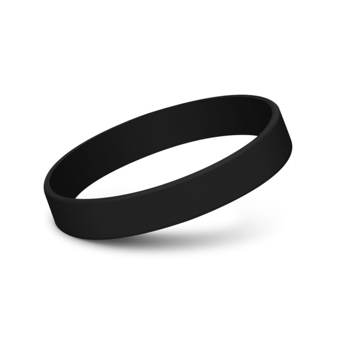 A black silicone wristband with a smooth finish, featuring a simple design and no visible branding.