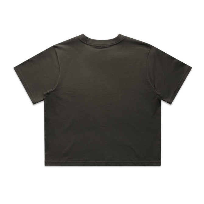 A dark green classic crop tee featuring a simple design and a logo on the back.